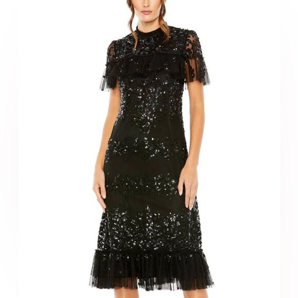 NWT MAC DUGGAL Black Sequined High‎ Neck Ruffled Flutter Sleeve Midi Dress sz 12 - Picture 1 of 13